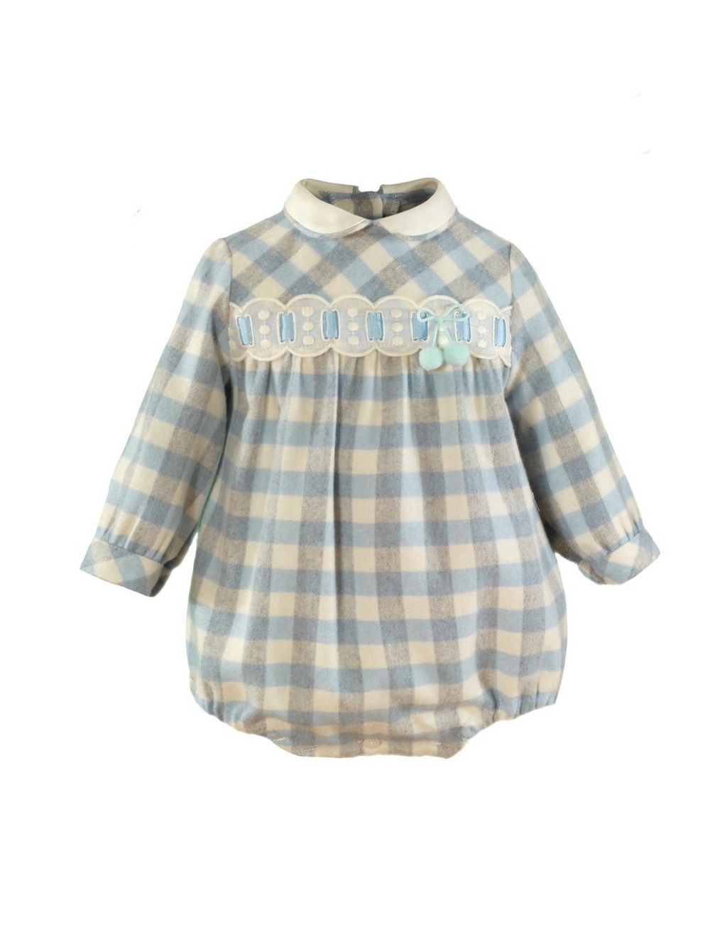 Plaid Baby One-Piece Romper with Peter Pan Collar - Blue & Cream